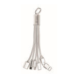 Aluminium keyring with 5-in-1 cable and different charging inputs silver colour view with print area