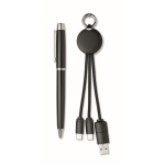 Gift set with metal pen and keyring with 2-in-1 charging cable black colour