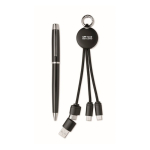Gift set with metal pen and keyring with 2-in-1 charging cable black colour view with print area