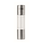 Stainless steel and acrylic salt and pepper mill with double lid silver colour view with print area