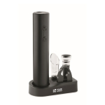 Plastic wine set with electric opener and accessories on base black colour view with print area