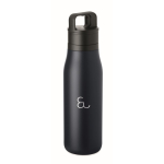 Recycled stainless steel insulated bottle with handle and easy-open lid 500 ml navy-blue colour main view