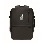 Expandable RPET 600D backpack with compartments and trolley strap 20L black colour view with print area