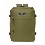 Expandable cabin backpack in RPET 600D with multiple pockets 20 L military green colour view with print area