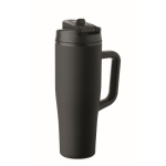 Leakproof recycled stainless steel thermal tumbler with handle and straw 900 ml black colour second view