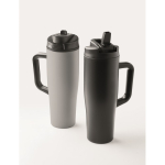 Leakproof recycled stainless steel thermal tumbler with handle and straw 900 ml black colour ninth view
