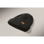 Unisex polyester beanie with fleece lining, turn-up and one size black colour third photographic view