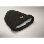 Unisex polyester beanie with fleece lining, turn-up and one size black colour fourth photographic view