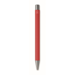 Recycled aluminium click pen with rubberised finish and blue ink red colour fourth view