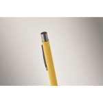 Recycled aluminium click pen with rubberised finish and blue ink yellow colour third photographic view