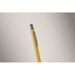 Recycled aluminium click pen with rubberised finish and blue ink yellow colour fourth photographic view
