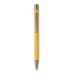 Recycled aluminium click pen with rubberised finish and blue ink yellow colour fifth view