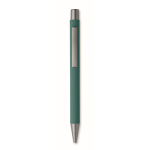 Recycled aluminium click pen with rubberised finish and blue ink green colour fifth view