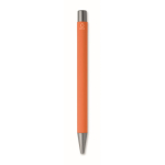 Recycled aluminium click pen with rubberised finish and blue ink orange colour fourth view