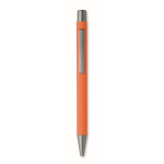 Recycled aluminium click pen with rubberised finish and blue ink orange colour fifth view