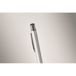 Recycled aluminium click pen with rubberised finish and blue ink silver colour third photographic view