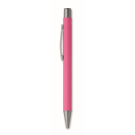 Recycled aluminium click pen with rubberised finish and blue ink fuchsia colour second view