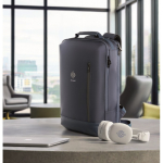 Laptop backpack with PU details and trolley strap 15'' blue colour main ambient view