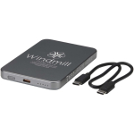 Compact magnetic wireless power bank 5,000 mAh shiny silver colour printed logo view 2