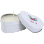 Heart-shaped tin candle with vanilla fragrance 40g white colour pad printing view