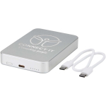 Magnetic portable charger in recycled aluminium 10,000 mAh silver colour printed logo view 2