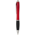 Recycled plastic click pen with soft grip and black ink red colour side view