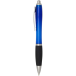 Recycled plastic click pen with soft grip and black ink royal blue colour side view