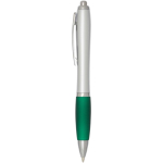 Recycled plastic click ballpoint pen with soft grip, black ink green colour side view