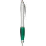 Recycled plastic click ballpoint pen with soft grip, black ink green colour second side view