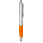 Recycled plastic click ballpoint pen with soft grip, black ink orange colour second side view