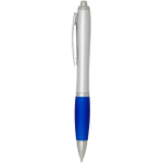 Recycled plastic click ballpoint pen with soft grip, black ink royal blue colour side view