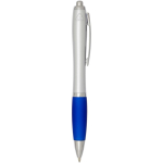 Recycled plastic click ballpoint pen with soft grip, black ink royal blue colour second side view