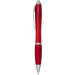 Recycled plastic click pen with grip, black ink red colour side view