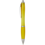 Recycled plastic click pen with grip, black ink yellow colour side view