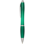 Recycled plastic click pen with grip, black ink green colour side view