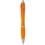 Recycled plastic click pen with grip, black ink orange colour side view