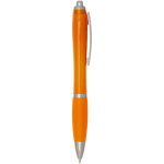 Recycled plastic click pen with grip, black ink orange colour second side view
