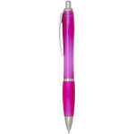 Recycled plastic click pen with grip, black ink pink colour side view