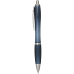 Recycled plastic click pen with grip, black ink bondi blue colour side view