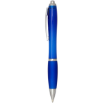 Recycled plastic click pen with grip, black ink royal blue colour side view