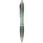 Recycled plastic click pen with grip, black ink marbled green colour side view
