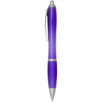 Recycled plastic click pen with grip, black ink purple colour side view