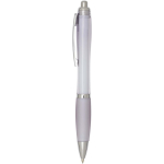 Recycled plastic click pen with grip, black ink lilac colour side view