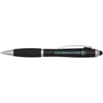 Twist-action ballpoint pen with stylus and soft grip, blue ink black colour pad printing view