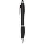 Twist-action ballpoint pen with stylus and soft grip, blue ink black colour side view