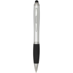 Twist-action ballpoint pen with stylus and soft grip, blue ink silver colour
