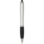 Twist-action ballpoint pen with stylus and soft grip, blue ink silver colour second rear view