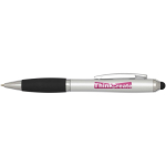 Twist-action ballpoint pen with stylus and soft grip, blue ink silver colour pad printing view