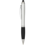 Twist-action ballpoint pen with stylus and soft grip, blue ink silver colour side view
