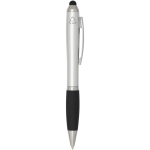 Twist-action ballpoint pen with stylus and soft grip, blue ink silver colour second side view